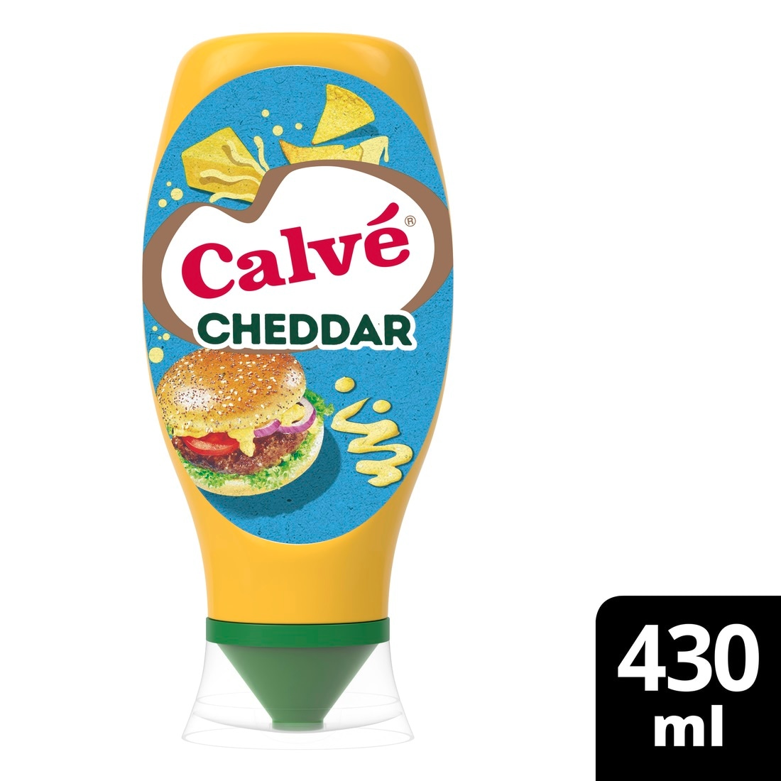 Calvé Top Down Cheddar 430ml - La salsa Calvé Cheddar da 430ml ti aiuterà a guarnire burger e panini in pochi istanti con un gusto indimenticabile. Scegli Calvé perché Buono può diventare Buonissimo!