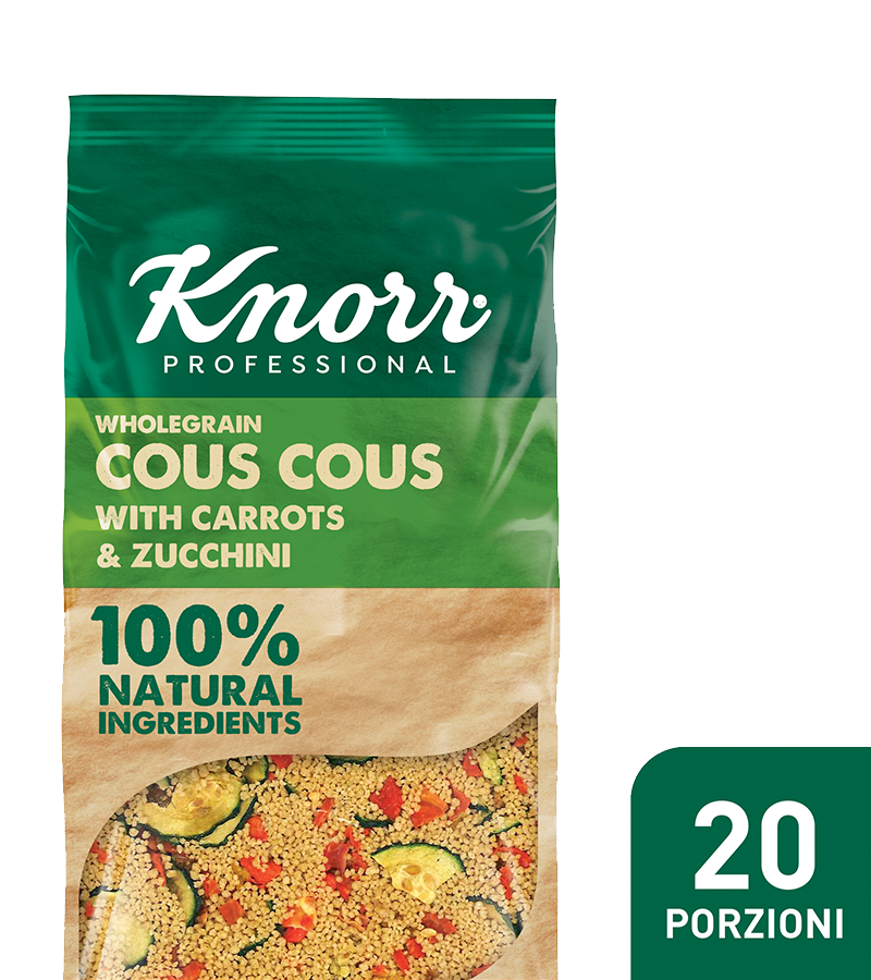 Knorr Cous cous con zucchine e carote - I nuovi Smartfood di Knorr Professional sono 100% naturali e permettono di creare con facilità piatti nutrienti ed equilibrati.