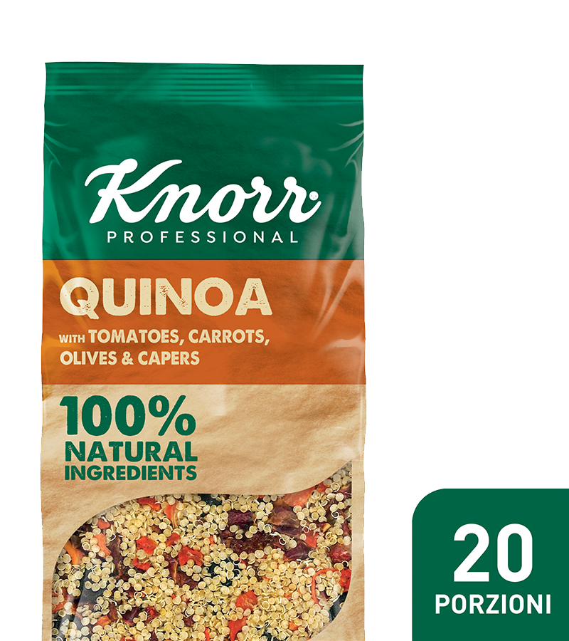 Quinoa con pomodori e carote, olive e capperi Knorr - I nuovi Smartfood di Knorr Professional sono 100% naturali e permettono di creare con facilità piatti nutrienti ed equilibrati.
