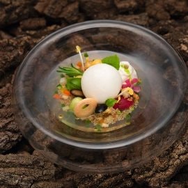 CAPRESE “Palloncino” di mozzarella soffiata, quinoa alla mediterranea con acqua di pomodoro ed emulsione al basilico CAPRESE “Palloncino” di mozzarella soffiata, quinoa alla mediterranea con acqua di pomodoro ed emulsione al basilico