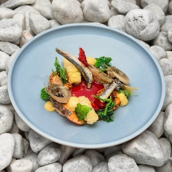 Frittura di pesce - “selezione” di pesci dell’Adriatico con maionese al curry e succo di pomodoro in agro-dolce alla rosa canina Frittura di pesce - “selezione” di pesci dell’Adriatico con maionese al curry e succo di pomodoro in agro-dolce alla rosa canina