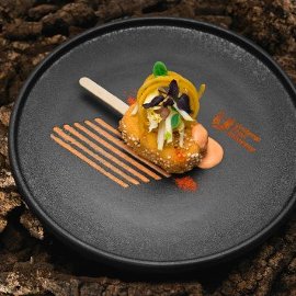 Stecco di patate, bulgur,pollo, mele, tartufo e salsa al peperone crusco e basilico Stecco di patate, bulgur,pollo, mele, tartufo e salsa al peperone crusco e basilico