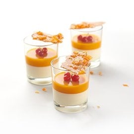 Panna cotta alla vaniglia e mango con croccante alle albicocche