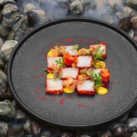 #Baccalà Mosaico di “Crudo” di baccalà alla polvere di Ibisco, maionese al mango, topinambur e pomodorini semi canditi all’anice #Baccalà Mosaico di “Crudo” di baccalà alla polvere di Ibisco, maionese al mango, topinambur e pomodorini semi canditi all’anice