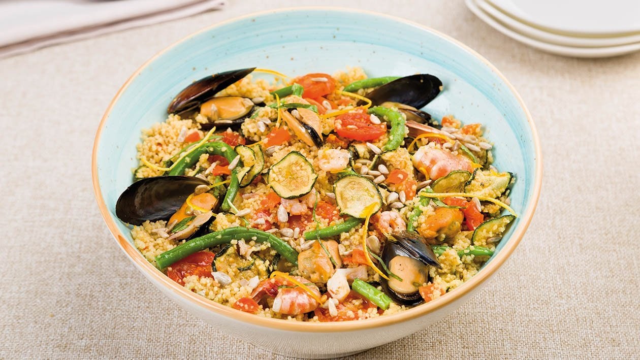 cous cous agrumato ai frutti di mare con fagiolini e semi di girasole – - Ricetta