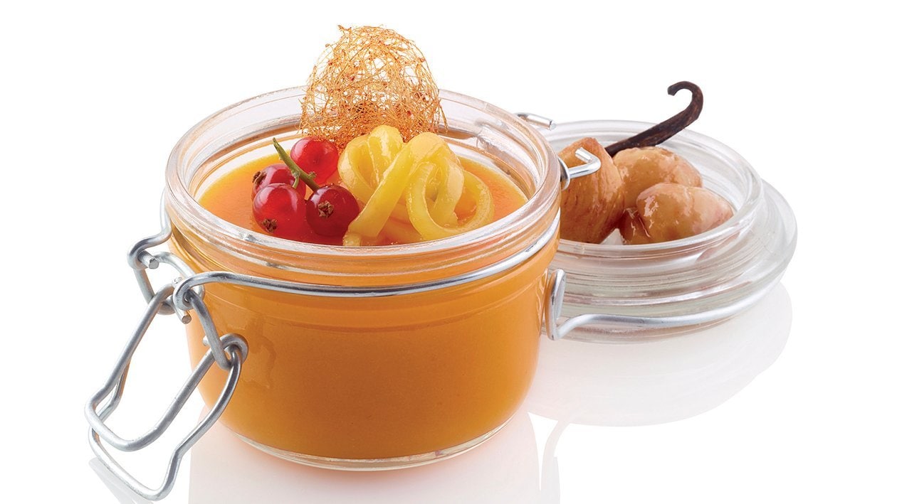 crème caramel mango, castagne e vaniglia