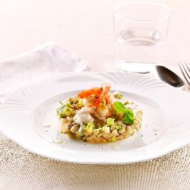 Insalatina di grano e avocado con gamberi al passion fruit e maionese al lime Insalatina di grano e avocado con gamberi al passion fruit e maionese al lime