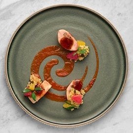 Petto di galletto laccato e farcito con albicocche e semi zucca accompagnato da cous cous agli agrumi e salsa alla diavola Petto di galletto laccato e farcito con albicocche e semi zucca accompagnato da cous cous agli agrumi e salsa alla diavola