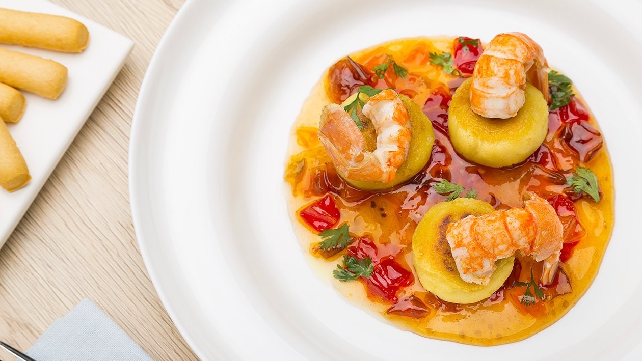 Polpettine di mais e fave con scampi al vapore e marmellata di pomodori – - Ricetta