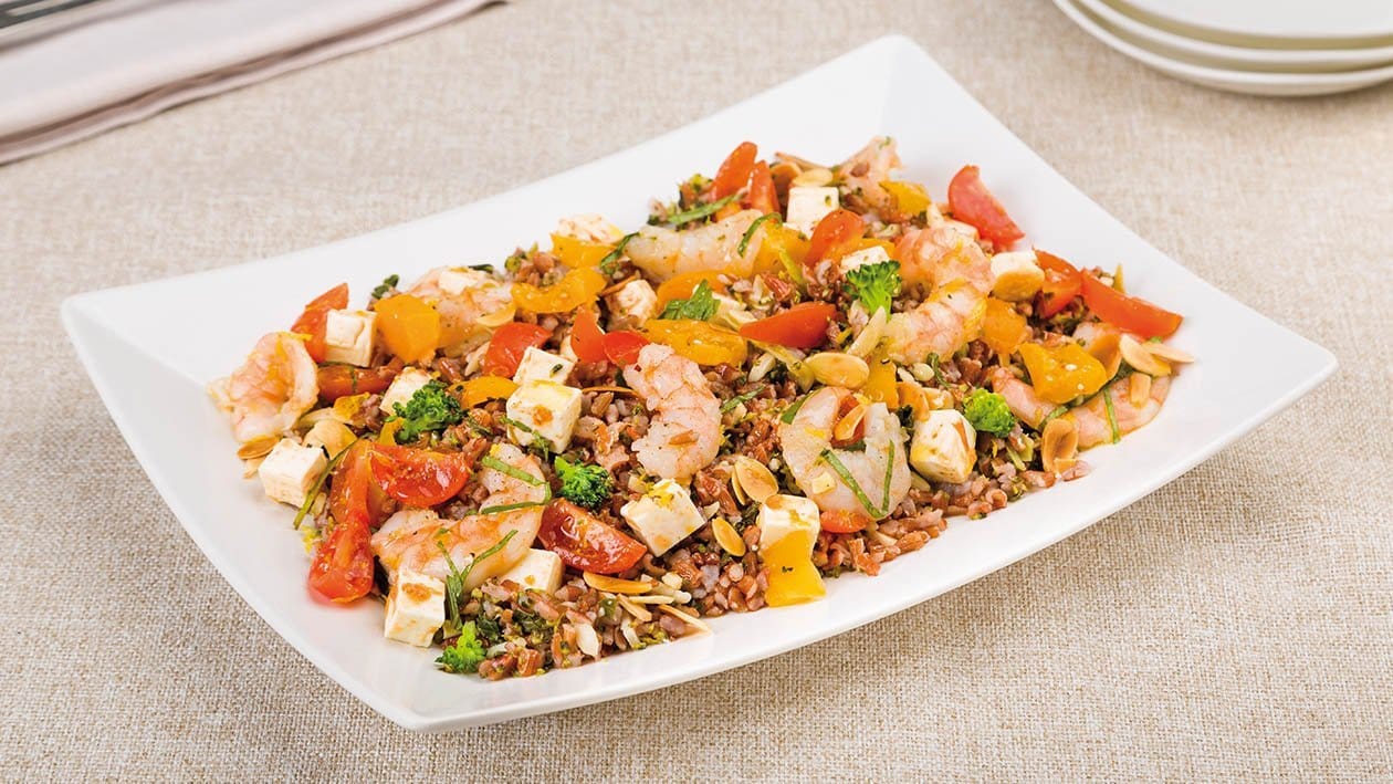 riso rosso con broccoli, feta, gamberi, pomodorini gialli, mandorle e limone – - Ricetta