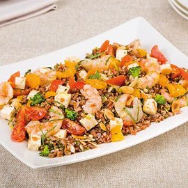 riso rosso con broccoli, feta, gamberi, pomodorini gialli, mandorle e limone riso rosso con broccoli, feta, gamberi, pomodorini gialli, mandorle e limone