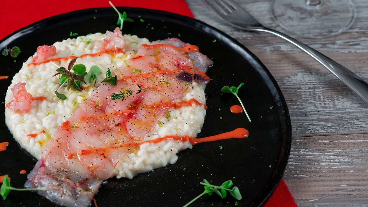 Risotto al lime, carpaccio di gamberi ed emulsione – - Ricetta