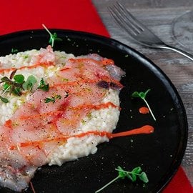 Risotto al lime, carpaccio di gamberi ed emulsione Risotto al lime, carpaccio di gamberi ed emulsione