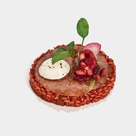 Risotto al succo di barbabietola, liquirizia e lamponi, stracotto di cinghiale e sfera di caciocavallo podolico Risotto al succo di barbabietola, liquirizia e lamponi, stracotto di cinghiale e sfera di caciocavallo podolico