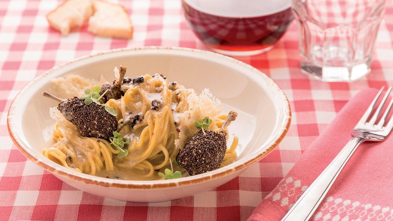 Tajarin cacio e pepe con coscette di quaglia ai semi di chia – - Ricetta