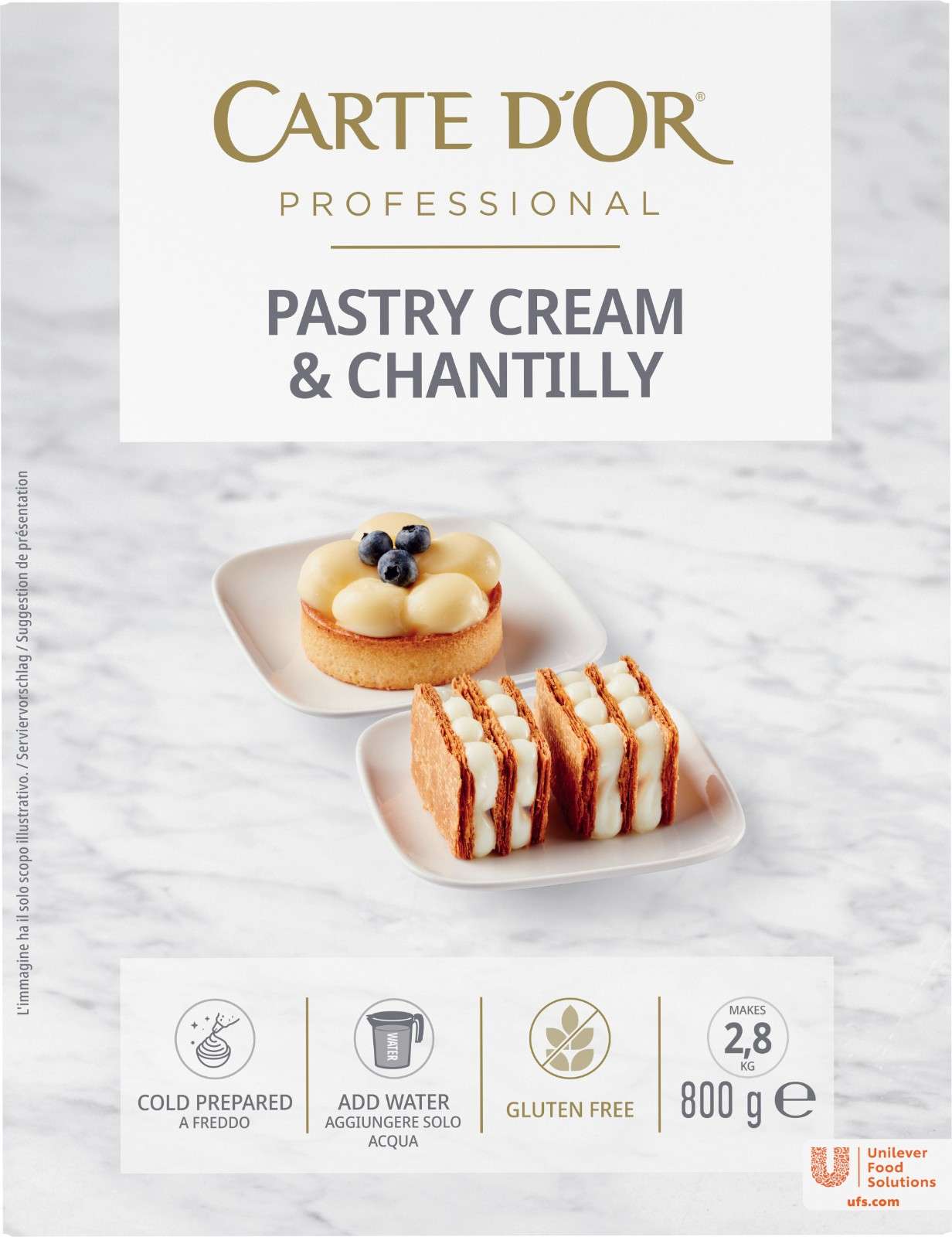 Carte d’Or Professional preparato per Crema Pasticcera e Chantilly a Freddo - La crema pasticcera a freddo Carte d’Or Professional è ideale per farciture perfette, con tempi ottimizzati e costi contenuti. Perfetta per il banqueting grazie alla sua versatilità ed efficenza di preparazione