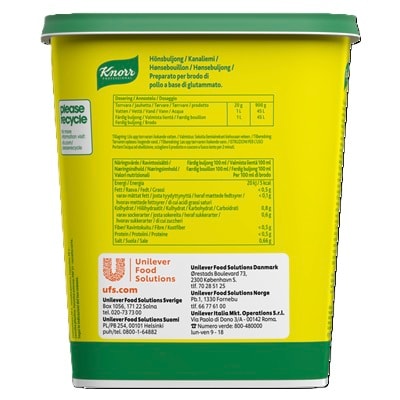 Knorr Professional Brodo di Pollo granulare 900gr - Knorr Professional presenta il nuovo Brodo di Pollo, pensato per donare un autentico sapore di pollo. Ideale per preparazioni dal gusto delicato e perfetto per ricette della cucina asiatica.