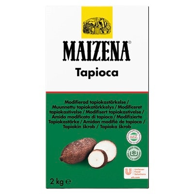 Maizena amido di Tapioca - Maizena Tapioca, è un amido modificato di tapioca, dalla massima stabilità che permette di addensare e creare salse e glasse al vino, 
all’aceto e a base di frutta acida come limone e frutti di bosco.
Inoltre è un ingrediente ideale per creare frolle, creme da farcitura e gelée per dessert totalmente vegani